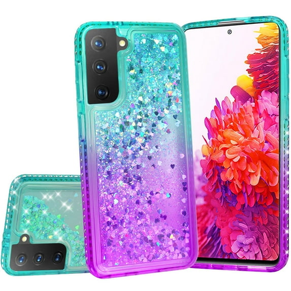 Compatible for Samsung Galaxy S21+ Plus 5G Case with Tempered Glass Screen Protector SOGA Diamond Liquid Quicksand Cover Cute Girl Women Phone Case - Teal/Purple