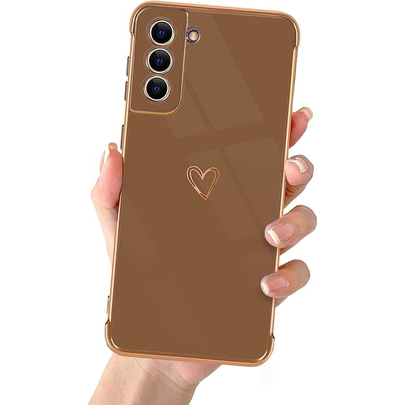 Compatible with Samsung Galaxy S21 Plus 6.7" 2021 Cute Case Thin for Women Girls,Soft TPU Plating Bumper Love Heart Case Anti-Scratch Shockproof Raised Reinforced Corners Case(Elegant Brown)
