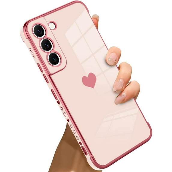 Compatible with Samsung Galaxy S21 Plus Case Love Heart Plating Electroplate Luxury Elegant Case Camera Protector Soft TPU Shockproof Protective Corner Back Cover Galaxy S21 Plus Case -Pink