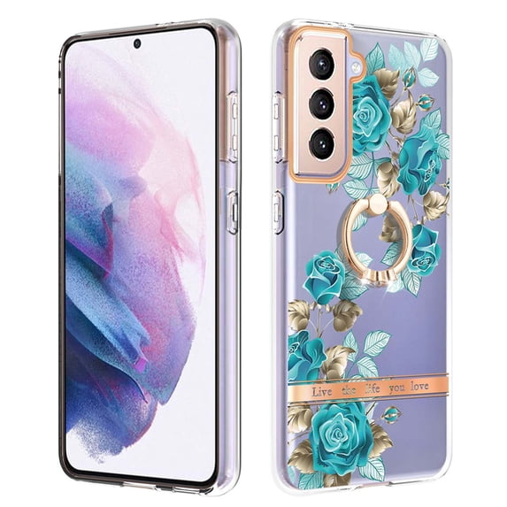 Compatible for Samsung Galaxy S21 Plus Case with Ring Kickstand Holder Clear Floral Pattern Hybrid PC TPU Shockproof Protective Phone Case Cover for Samsung Galaxy S21 Plus Women Girls, Green Flower