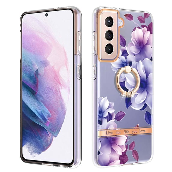Compatible for Samsung Galaxy S21 Plus Case with Ring Kickstand Holder Clear Floral Pattern Hybrid PC TPU Shockproof Protective Phone Case Cover for Samsung Galaxy S21 Plus Women Girls, Purple Flower