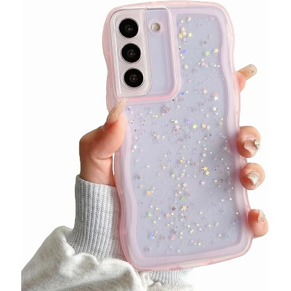 Compatible with Samsung Galaxy S21 Plus Glitter Clear Phone Case,Cute Curly Wave Frame Case Women Bling Shiny S21 Plus Case Soft Shockproof Bumper Cover (Pink, Samsung Galaxy S21 Plus)