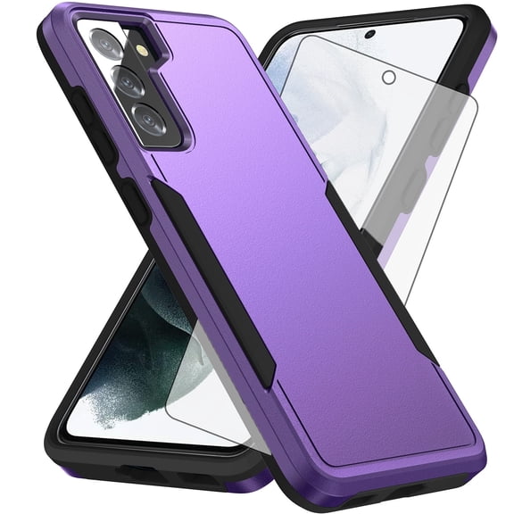 Compatible with Samsung Galaxy S21 Plus S21+ 5G Phone Case Glass Screen Protector Hybrid Rugged Shockproof Hard Protective Drop Proof Full Body Heavy Duty Mobile Cell Cover for S21+5G S21plus Purple