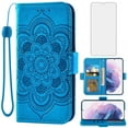 thumbnail image 1 of Compatible with Samsung Galaxy S21 Plus S21+ 5G Wallet Phone Case and Tempered Glass Screen Protector Flip Credit Card Holder Stand Flower Cell Cover for S21+5G S21plus 21S + S 21 21+ G5 Blue, 1 of 9
