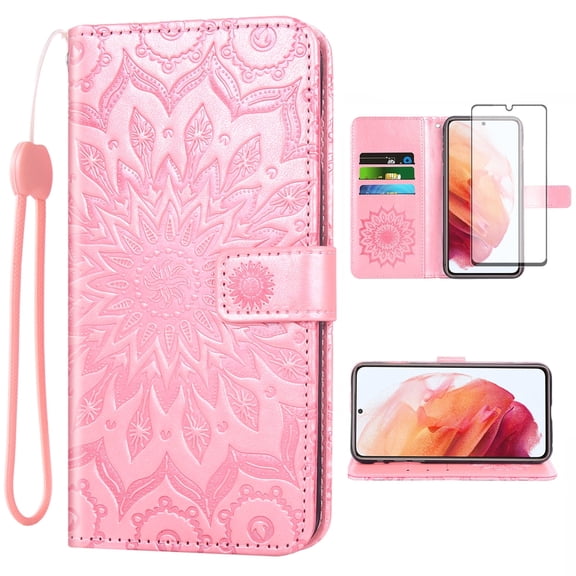 Compatible with Samsung Galaxy S21 Plus S21+ 5G Wallet Phone Case and Tempered Glass Screen Protector Flip Credit Card Holder Stand Flower Cell Cover for S21+5G S21plus 21S + S 21 21+ G5 Pink