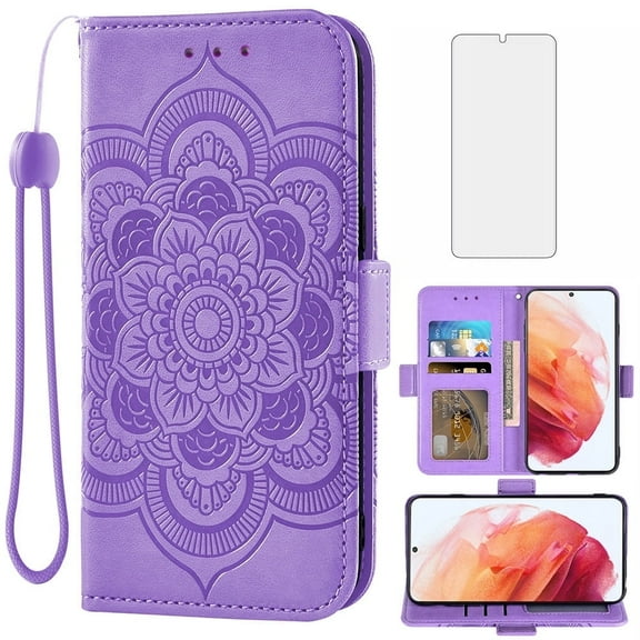 Compatible with Samsung Galaxy S21 Plus S21+ 5G Wallet Phone Case and Tempered Glass Screen Protector Flip Credit Card Holder Stand Flower Cell Cover for S21+5G S21plus 21S + S 21 21+ G5 Purple