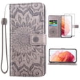 thumbnail image 1 of Compatible with Samsung Galaxy S21 Plus S21+ 5G Wallet Phone Case and Tempered Glass Screen Protector Flip Credit Card Holder Stand Flower Cell Cover for S21+5G S21plus 21S + S 21 21+ G5 Gray, 1 of 9