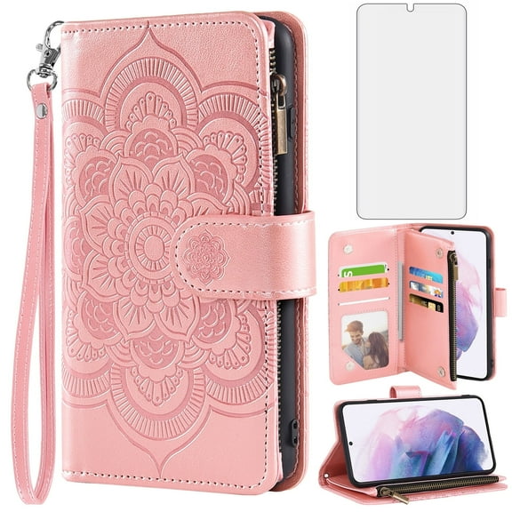 Compatible with Samsung Galaxy S21 Plus S21  5G Wallet Phone Case and Tempered Glass Screen Protector Flower Faux Leather Flip Credit Card Holder Stand Zipper Cell Cover for S21 5G S21plus Pink