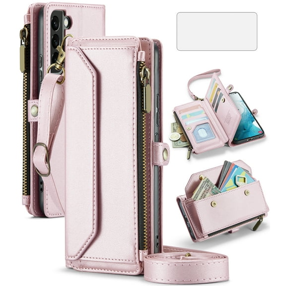 Compatible with Samsung Galaxy S21 Plus S21  5G Zipper Wallet Phone Case Tempered Glass Screen Protector Crossbody Lanyard Strap Flip Card Holder Slot Cell Cover for S21 5G S21plus Women Rose Gold