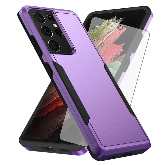 Compatible with Samsung Galaxy S21 Ultra 5G Phone Case Glass Screen Protector Hybrid Rugged Shockproof Hard Protective Drop Proof Full Body Heavy Duty Mobile Cell Cover for S21ultra 21S S 21U Purple