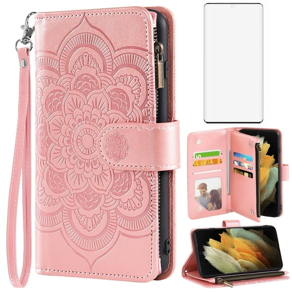 Compatible with Samsung Galaxy S21 Ultra 5G Wallet Phone Case and Tempered Glass Screen Protector Flower Faux Leather Flip Credit Card Holder Stand Zipper Cell Cover for 21S S 21ultra G5 Women Pink