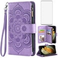 thumbnail image 1 of Compatible with Samsung Galaxy S21 Ultra 5G Wallet Phone Case and Tempered Glass Screen Protector Flower Faux Leather Flip Credit Card Holder Stand Zipper Cell Cover for 21S S 21ultra G5 Women Purple, 1 of 9