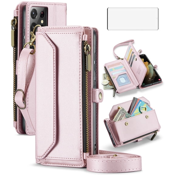 Compatible with Samsung Galaxy S21 Ultra 5G Zipper Wallet Phone Case Tempered Glass Screen Protector Crossbody Lanyard Strap Flip Card Holder Slot Cell Cover for S21ultra 21S S 21 G5 Women Rose Gold