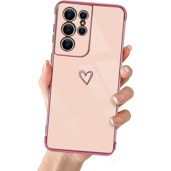 Compatible with Samsung Galaxy S21 Ultra 6.8" 2021 Cute Case Thin for Women Girls,Soft TPU Plating Bumper Love Heart Case Anti-Scratch Shockproof Raised Reinforced Corners Case(Elegant Pink)