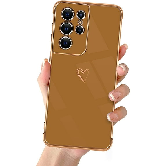 Compatible with Samsung Galaxy S21 Ultra 6.8" 2021 Cute Case Thin for Women Girls,Soft TPU Plating Bumper Love Heart Case Anti-Scratch Shockproof Raised Reinforced Corners Case(Elegant Brown)
