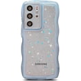 thumbnail image 1 of Compatible with Samsung Galaxy S21 Ultra Case 6.8",Glitter Clear Bling Star Transparent Matte Cute Curly Wave Frame Camera Cover Protection Shockproof Bumper Phone Cover for Women (Blue), 1 of 12