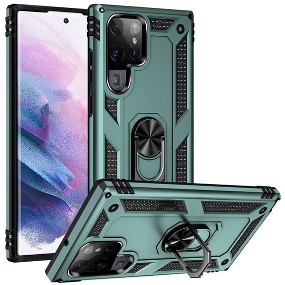 Compatible with Samsung Galaxy S21 Ultra Case Built-in 360 Ring Holder Kickstand, Extreme Protection Military Armor Magnetic Car Dual Layer Protective Heavy Duty Phone Cover,Darkgreen