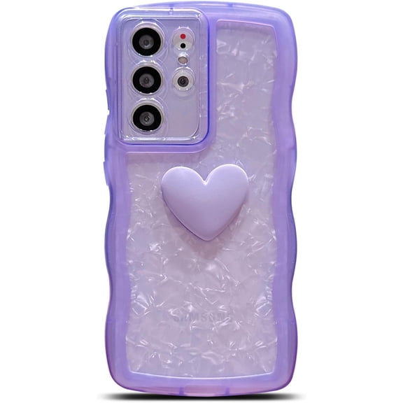 Compatible with Samsung Galaxy S21 Ultra Case,Cute 3D Love Heart Case,Fashion Shell Pattern Curly Wave Matte Frame Edge Soft Shockproof Protective Cases Cover for Women (Purple)