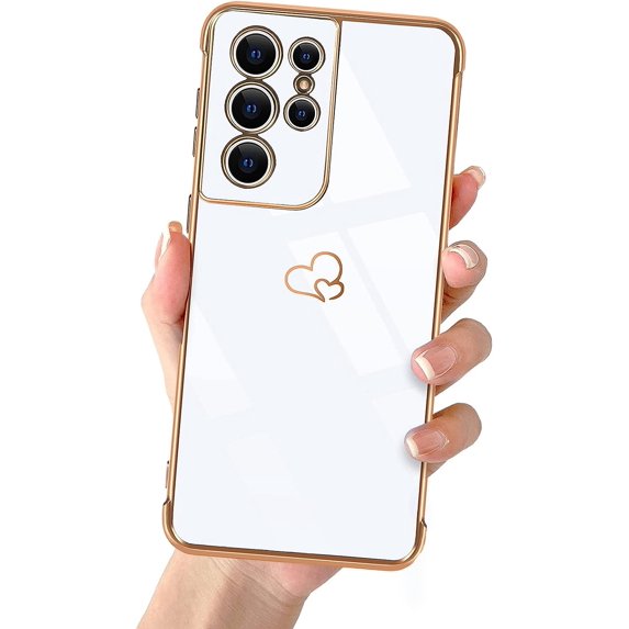 Compatible with Samsung Galaxy S21 Ultra Case with Love Heart Pattern,Soft TPU Cute Plating Side Small Pattern Raised Reinforced Corners Case for Samsung Galaxy S21 Ultra Women Girls(White)