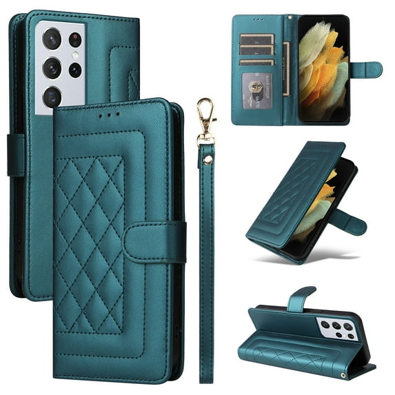 Compatible with Samsung Galaxy S21 Ultra Case, Premium Leather Wallet Book Case Magnetic Flip RFID Blocking Credit Card Holder Kickstand with Wrist Strap Shock Absorbing Case, Darkgreen