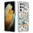 thumbnail image 1 of Compatible for Samsung Galaxy S21 Ultra Case with Ring Kickstand Holder Clear Floral Pattern Hybrid PC TPU Shockproof Protective Phone Case Cover for Galaxy S21 Ultra Women Girls, White Flower, 1 of 5