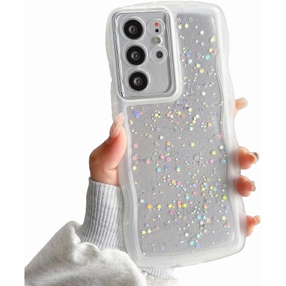 Compatible with Samsung Galaxy S21 Ultra Glitter Clear Phone Case,Cute Curly Wave Frame Case Women Bling Shiny S21 Ultra Case Soft Shockproof Bumper Cover (White, Samsung Galaxy S21 Ultra)