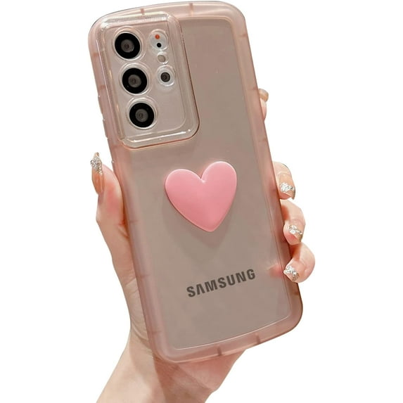 Compatible with Samsung Galaxy S21 Ultra Phone Case Women Cute 3D Love Heart Case Camera Lens Protection Soft Shockproof Clear Case for Galaxy S21 Ultra 6.8 inch (Pink)