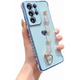 thumbnail image 1 of Compatible with Samsung Galaxy S21 Ultra Phone Case Women Luxury Plating Cute Love Heart Case with Heart Chain Bracelet Strap Camera Lens Protection Soft Silicone Shockproof Case, 1 of 9