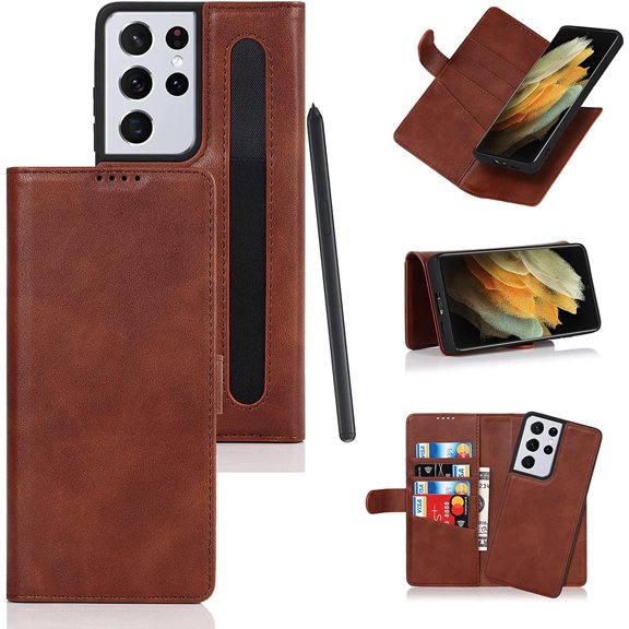 Compatible with Samsung Galaxy S21 Ultra Wallet Case with S Pen Holder Slot,[4 Card Slots] Detachable 2 in 1 Magnetic Closure Case,Premium PU Leather Case for Galaxy S21 Ultra 6.8 Inch,Brown