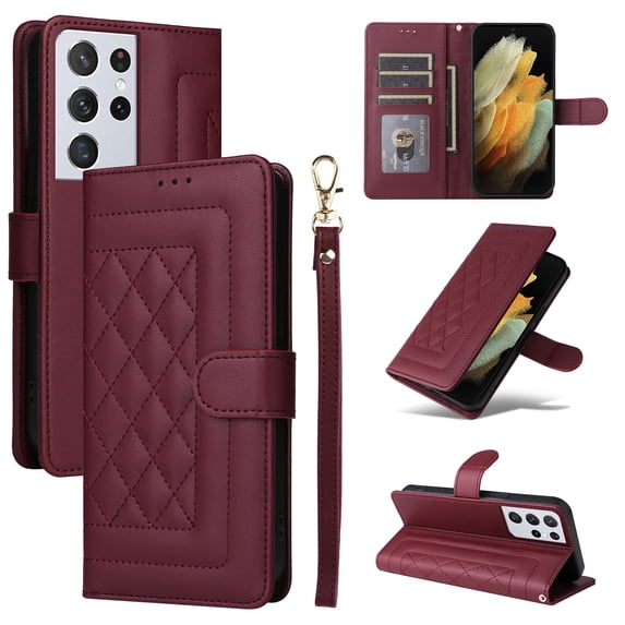 Compatible with Samsung Galaxy S21 Ultra Wallet Flip Case, Durable Soft TPU + PU Leather 3 Card Slots and 1 Cash Pocket Wrist Strap Magnetic Kickstand Elegant Case for Galaxy S21 Ultra, Winered