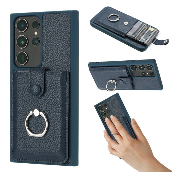 Compatible with Samsung Galaxy S21 Ultra Wallet Phone Case,360°Rotation Finger Ring Holder Kickstand,with Card Holder,Lychee Pattern PU Leather Durable Shockproof Rugged Phone Case,Blue