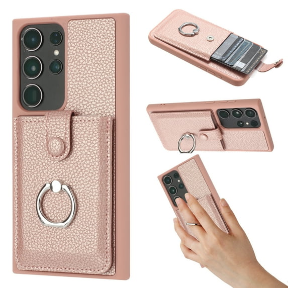 Compatible with Samsung Galaxy S21 Ultra Wallet Phone Case,360°Rotation Finger Ring Holder Kickstand,with Card Holder,Lychee Pattern PU Leather Durable Shockproof Rugged Phone Case,Rosegold
