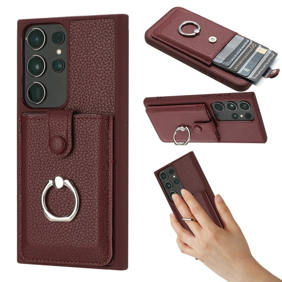 Compatible with Samsung Galaxy S21 Ultra Wallet Phone Case,360°Rotation Finger Ring Holder Kickstand,with Card Holder,Lychee Pattern PU Leather Durable Shockproof Rugged Phone Case,Winered
