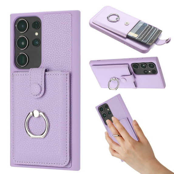 Compatible with Samsung Galaxy S21 Ultra Wallet Phone Case,360°Rotation Finger Ring Holder Kickstand,with Card Holder,Lychee Pattern PU Leather Durable Shockproof Rugged Phone Case,Purple