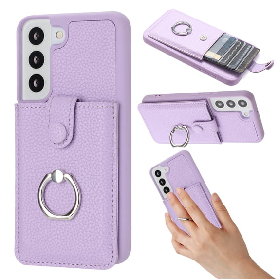 Compatible with Samsung Galaxy S21 Wallet Phone Case,360°Rotation Finger Ring Holder Kickstand,with Card Holder,Lychee Pattern PU Leather Durable Shockproof Rugged Phone Case,Purple