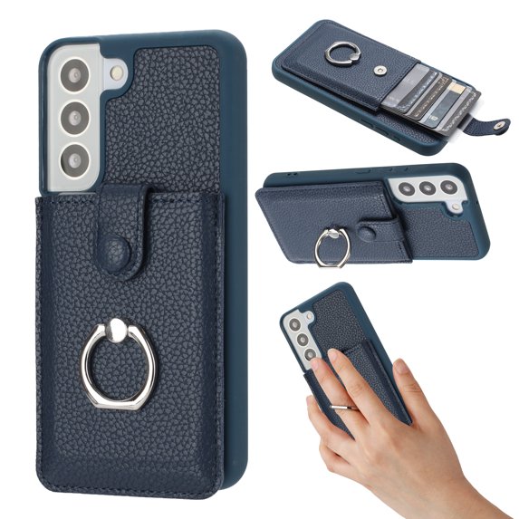 Compatible with Samsung Galaxy S21 Wallet Phone Case,360°Rotation Finger Ring Holder Kickstand,with Card Holder,Lychee Pattern PU Leather Durable Shockproof Rugged Phone Case,Blue