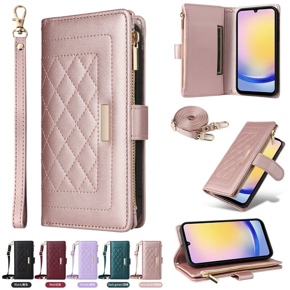 Compatible with Samsung Galaxy S21 case Wallet Crossbody & Wrist Strap with Card Holder Phone case RFID Blocking PU Leather Magnetic Closure Flip Stand Zipper Purse Shockproof Cover,Rosegold