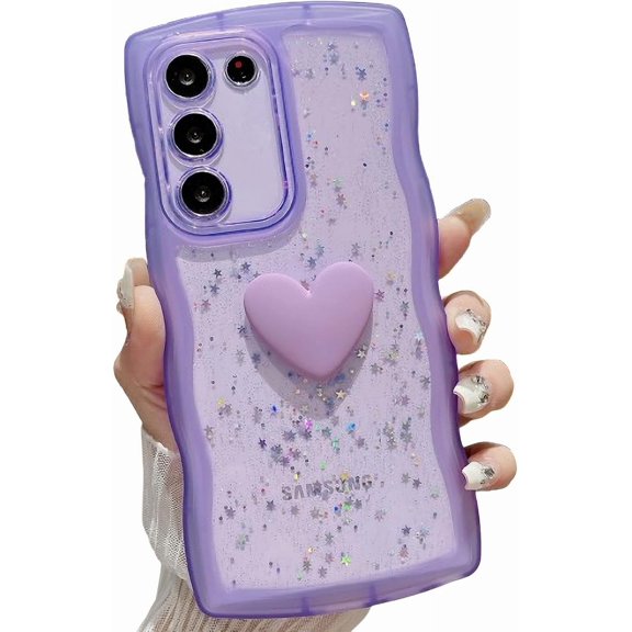Compatible with Samsung Galaxy S22 3D Love Heart Phone Case,Glitter Bling Clear S22 Case Curly Wave Frame Case Women Soft Shockproof Cover Case(Purple, for Samsung Galaxy S22)
