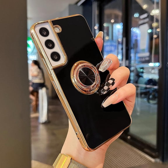 Compatible for Samsung Galaxy S22 5G Case,Electroplated Anti-Scratch Cases with 360°Ring Holder Kickstand,Soft Flexible TPU Bumper Shockproof Case for Samsung Galaxy S22 5G,Black