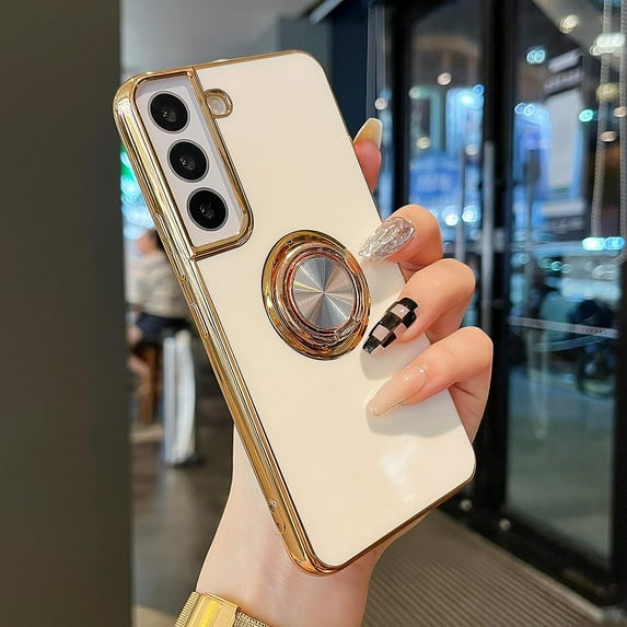 Compatible for Samsung Galaxy S22 5G Case,Electroplated Anti-Scratch Cases with 360°Ring Holder Kickstand,Soft Flexible TPU Bumper Shockproof Case for Samsung Galaxy S22 5G,White