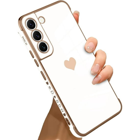 Compatible with Samsung Galaxy S22 5G Case Love Heart Plating Electroplate Luxury Elegant Case Camera Protector Soft TPU Shockproof Protective Corner Back Cover Galaxy S22 5G Case -White