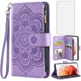 thumbnail image 1 of Compatible with Samsung Galaxy S22 5G Wallet Case and Tempered Glass Screen Protector Flower Leather Flip Card Holder Stand Cell Accessories Phone Cover for Gaxaly S 22 22S G5 Women Men Purple, 1 of 15
