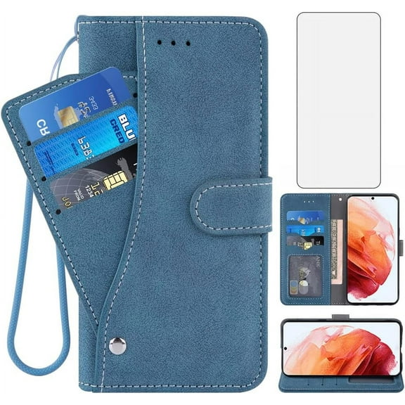 Compatible with Samsung Galaxy S22 5G Wallet Case and Tempered Glass Screen Protector Lanyard Flip Credit Card Holder Stand Cell Accessories Phone Cover for Gaxaly S 22 22S G5 Women Men Blue