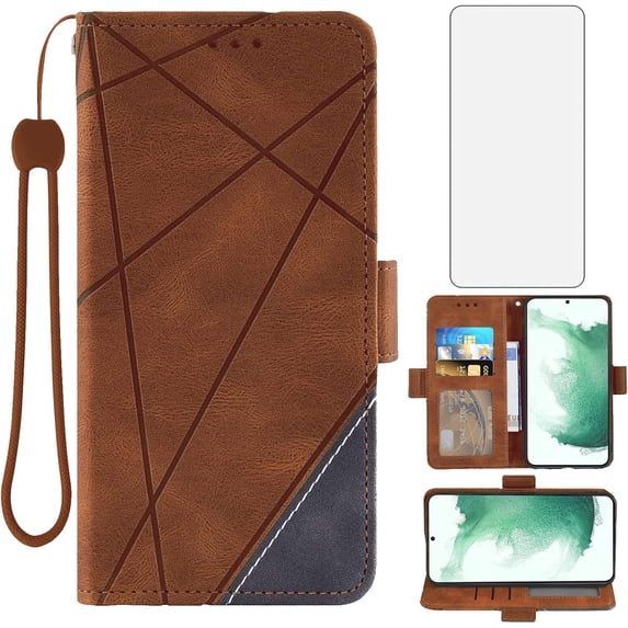 Compatible with Samsung Galaxy S22 5G Wallet Case and Tempered Glass Screen Protector Lanyard Leather Flip Card Holder Stand Wrist Strap Cell Phone Cover for Gaxaly S 22 22S G5 Women Men Brown