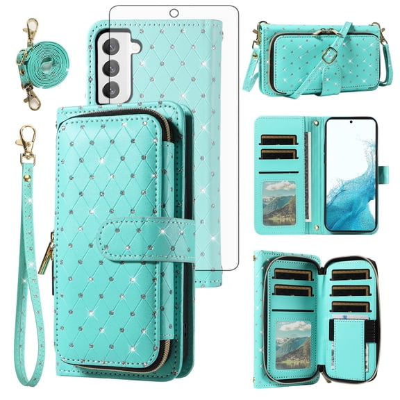 Compatible with Samsung Galaxy S22 5G Wallet Phone Case Tempered Glass Screen Protector Bling Glitter Crossbody Lanyard Strap Flip Zipper Purse Card Holder Cell Cover for S 22 22S 4G G5 Women Green