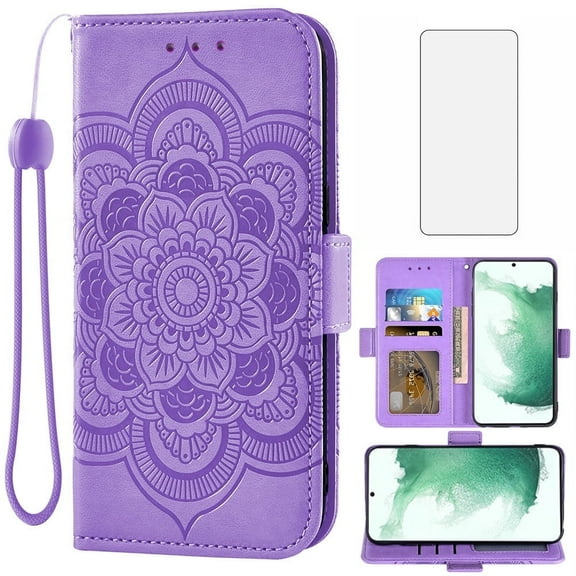 Compatible with Samsung Galaxy S22 5G Wallet Phone Case and Tempered Glass Screen Protector Flip Credit Card Holder Stand Mandala Flower Cell Cover for S 22 22S 4G G5 6.1 inch Women Men Purple