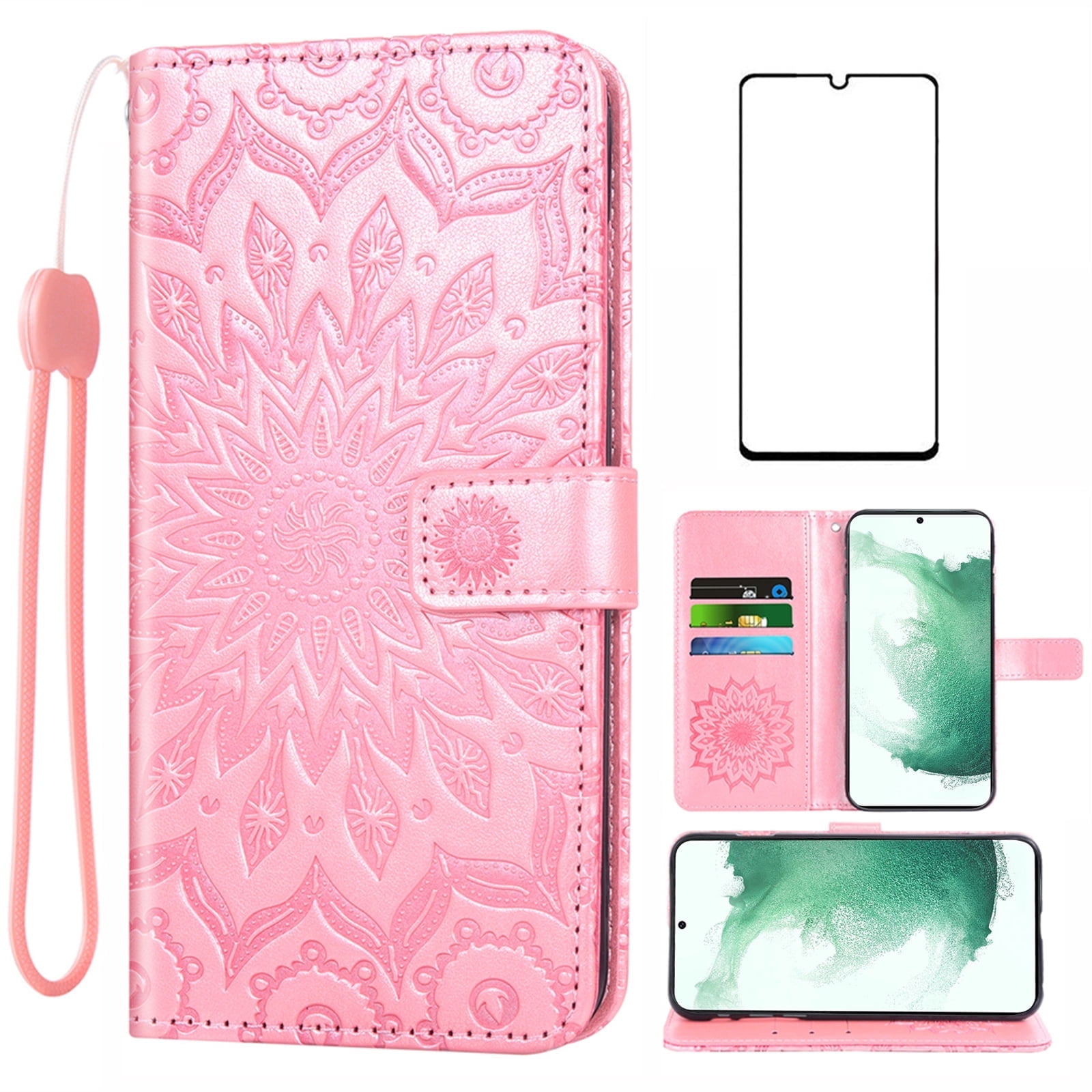 Compatible with Samsung Galaxy S22 5G Wallet Phone Case and Tempered Glass Screen Protector Flip Credit Card Holder Stand Mandala Flower Cell Cover for S 22 22S 4G G5 6.1 inch Women Men Pink