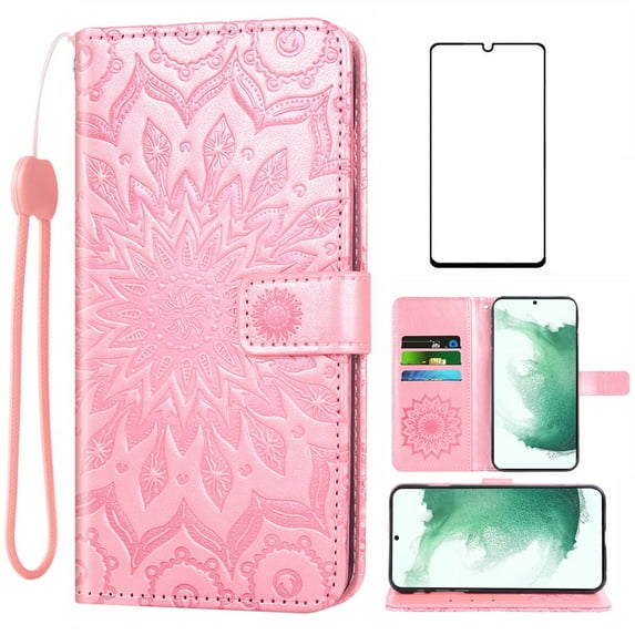Compatible with Samsung Galaxy S22 5G Wallet Phone Case and Tempered Glass Screen Protector Flip Credit Card Holder Stand Mandala Flower Cell Cover for S 22 22S 4G G5 6.1 inch Women Men Pink