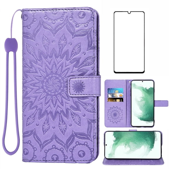 Compatible with Samsung Galaxy S22 5G Wallet Phone Case and Tempered Glass Screen Protector Flip Credit Card Holder Stand Mandala Flower Cell Cover for S 22 22S 4G G5 6.1 inch Women Men Purple