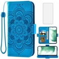 thumbnail image 1 of Compatible with Samsung Galaxy S22 5G Wallet Phone Case and Tempered Glass Screen Protector Flip Credit Card Holder Stand Mandala Flower Cell Cover for S 22 22S 4G G5 6.1 inch Women Men Blue, 1 of 9